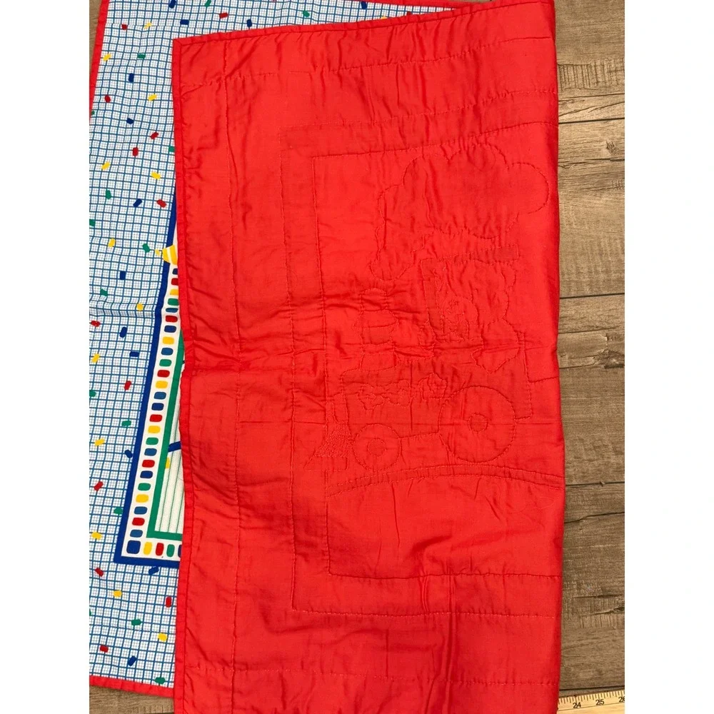 Vintage Baby Nursery Quilt Teddy Bear Train Primary Colors Blue Red 34x42